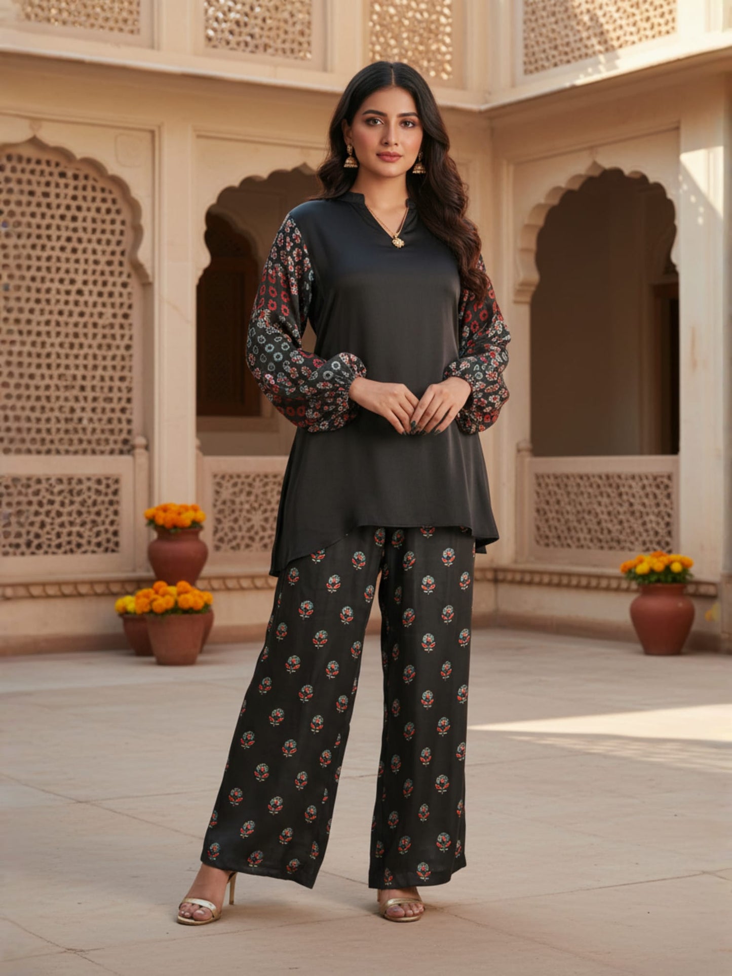 Black Printed Sleeve Co-ord Set