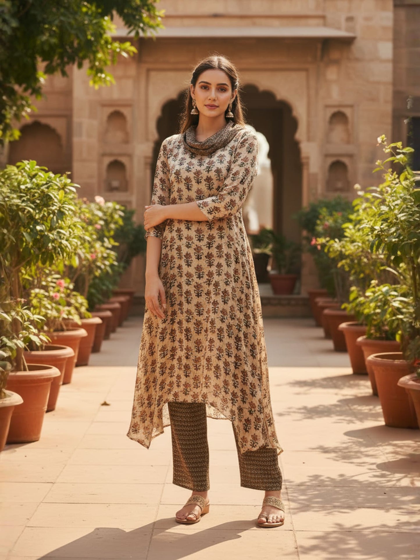 Beige Cowl Neck Printed Co-ord Set