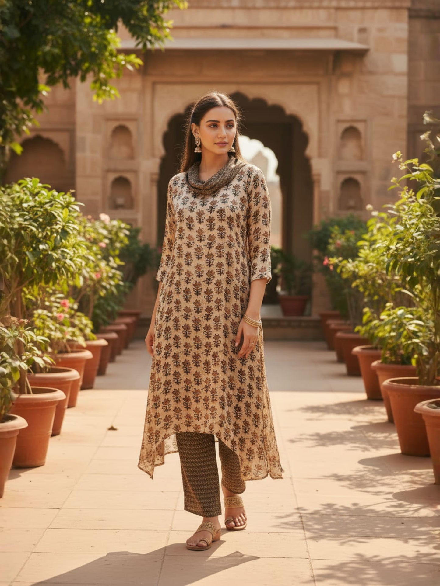 Beige Cowl Neck Printed Co-ord Set