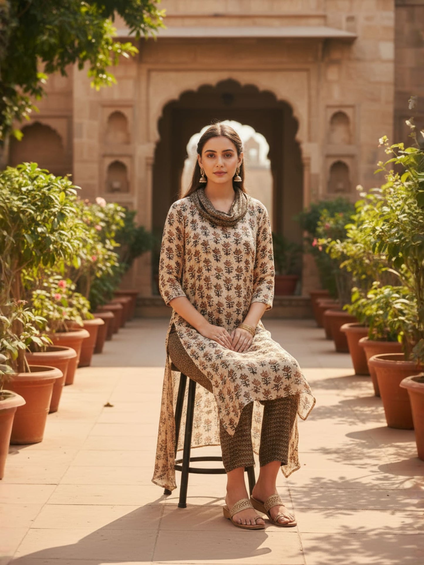 Beige Cowl Neck Printed Co-ord Set