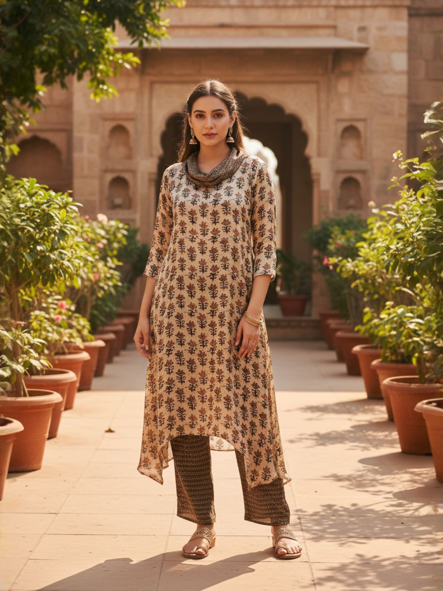 Beige Cowl Neck Printed Co-ord Set