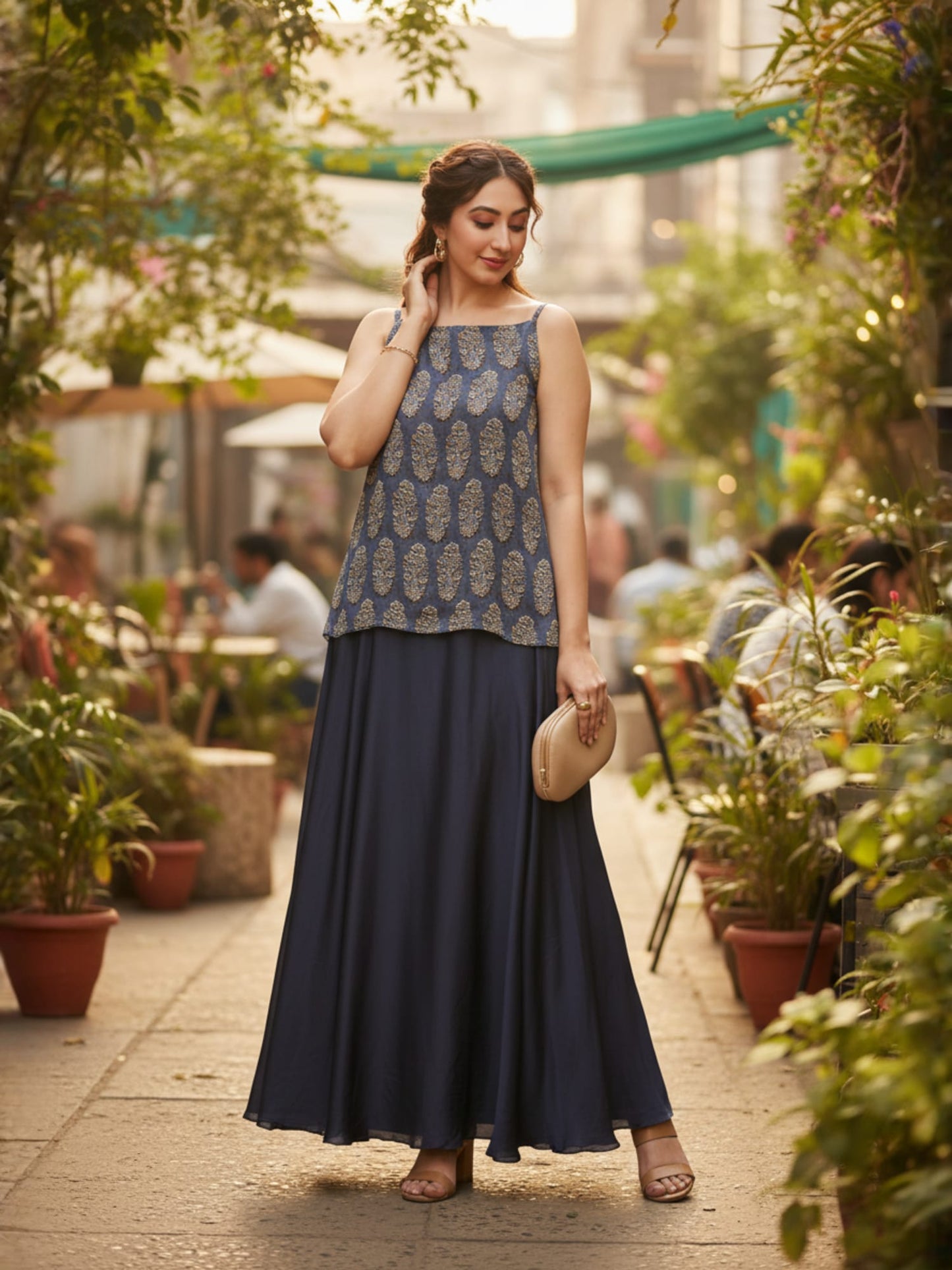 Midnight Blue Printed Spaghetti Top And Skirt Set