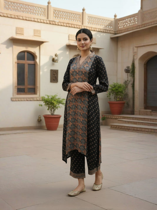 Black & Beige Ethnic Printed Kurta Set