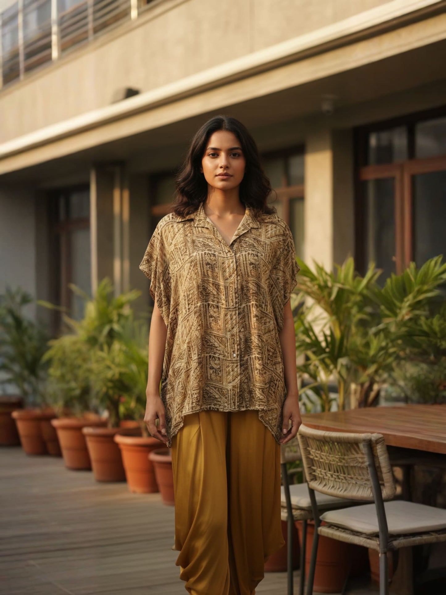 Yellow Draped Dhoti Set With Printed Shirt