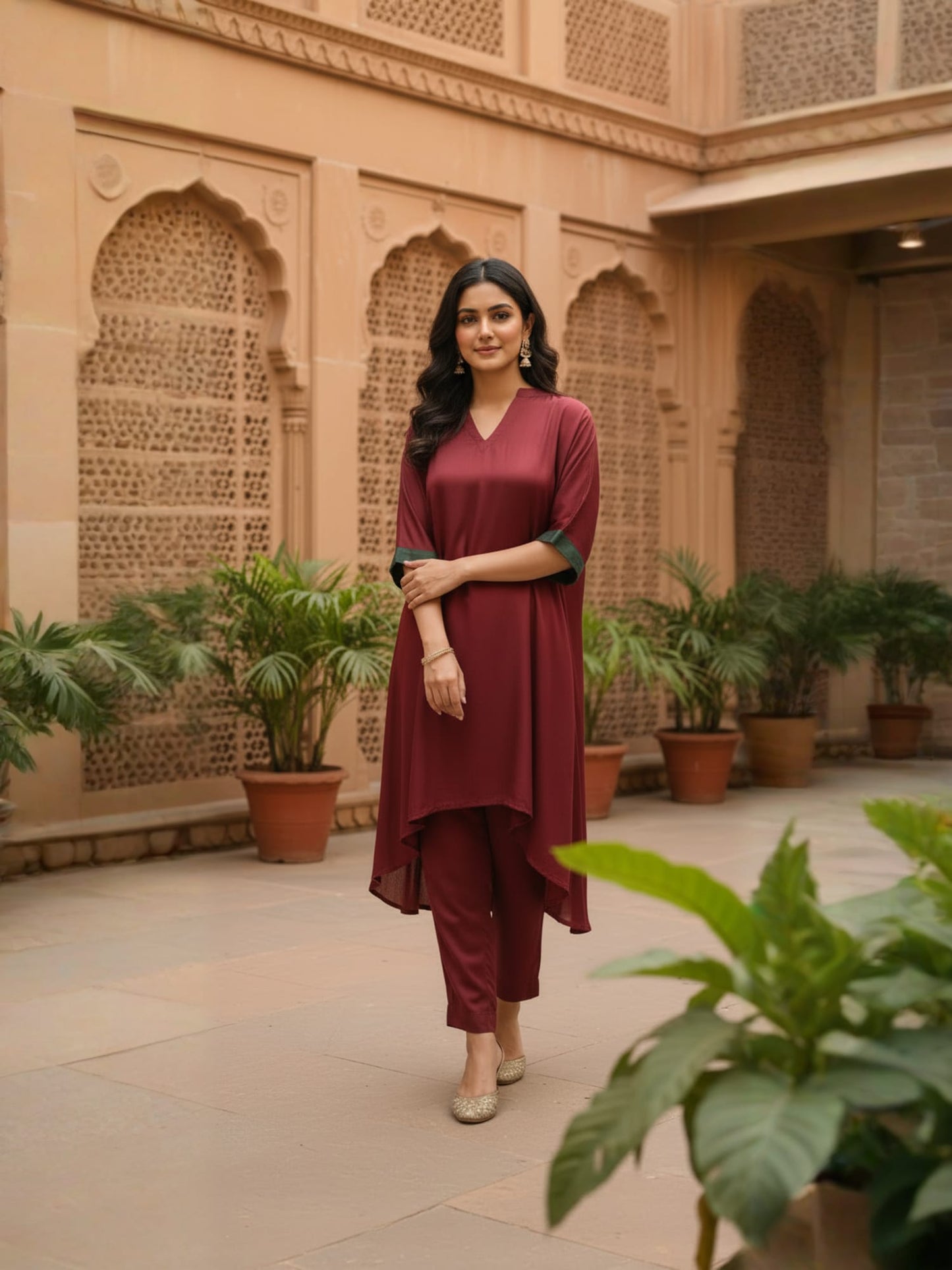 Maroon Flowy Kaftan Co-ord Set