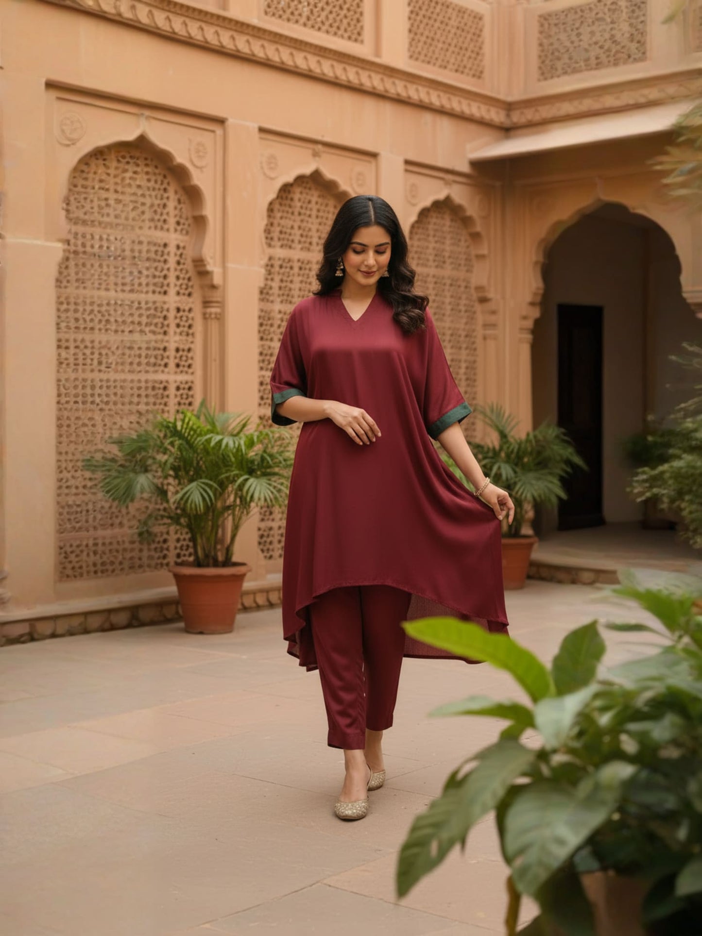 Maroon Flowy Kaftan Co-ord Set