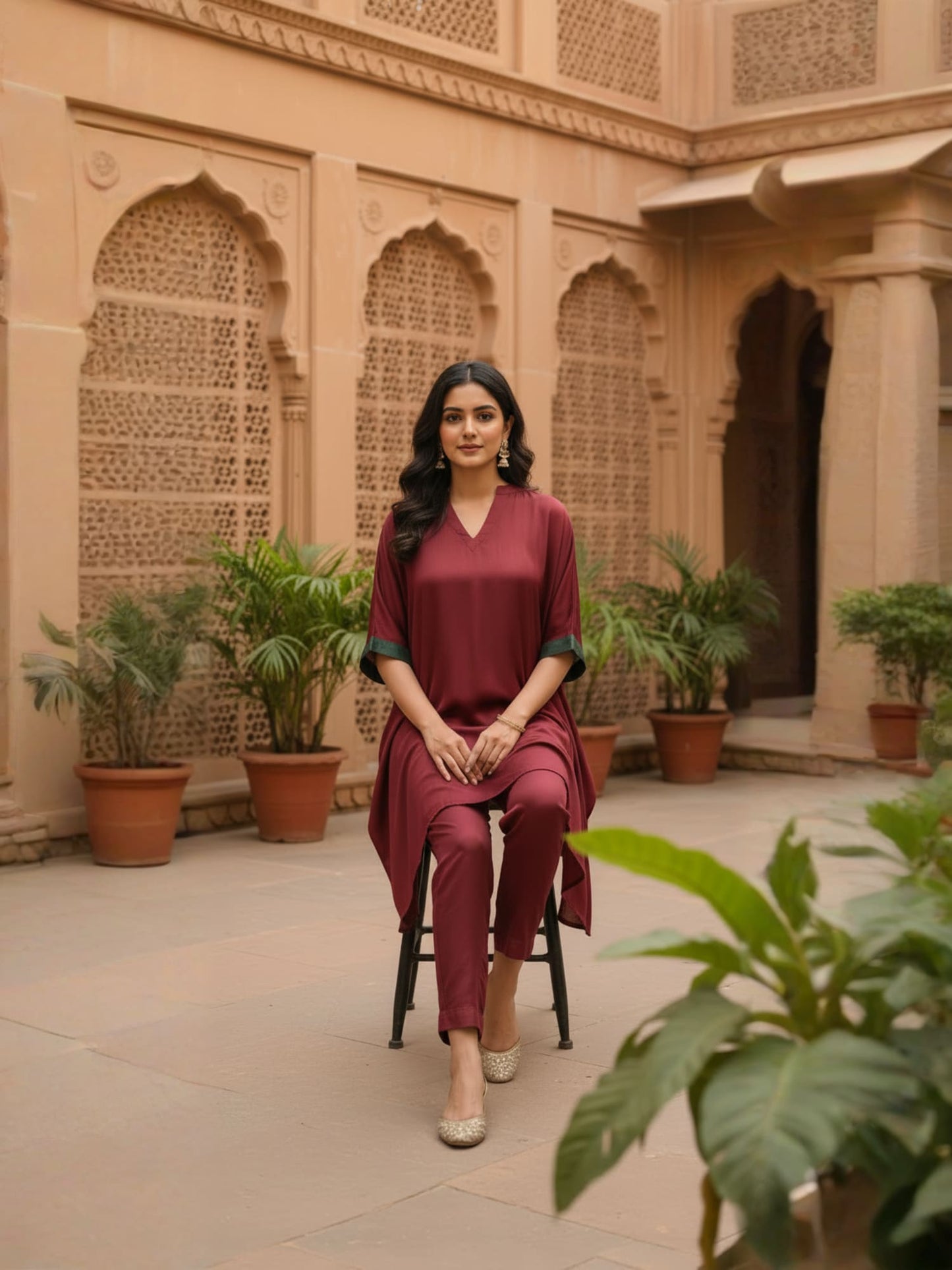 Maroon Flowy Kaftan Co-ord Set