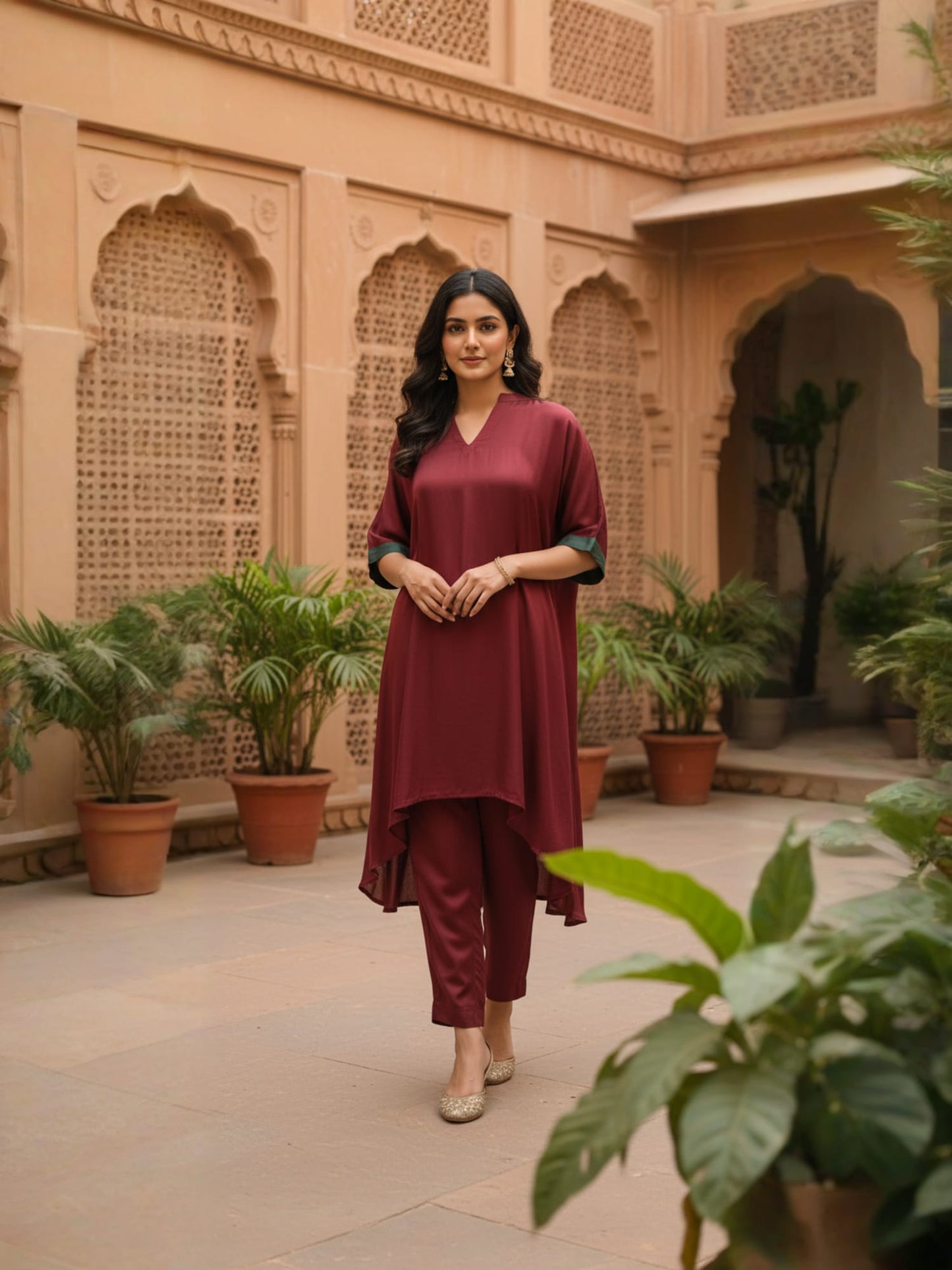 Maroon Flowy Kaftan Co-ord Set