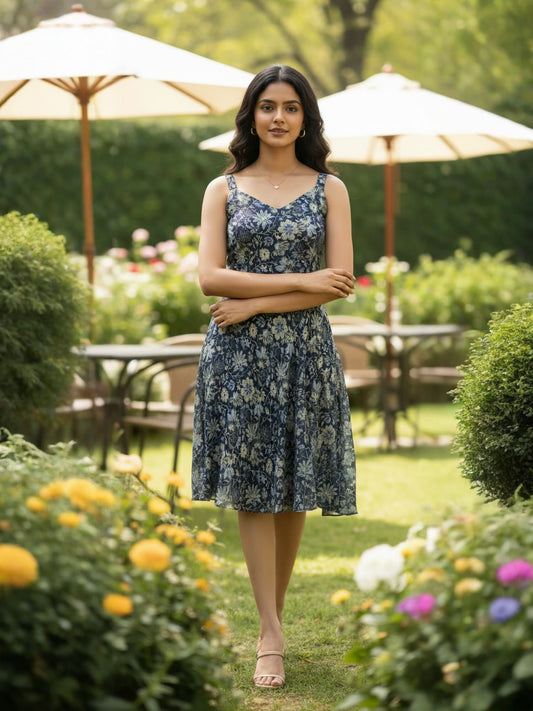 Navy Blue Floral Printed Strappy Short Dress
