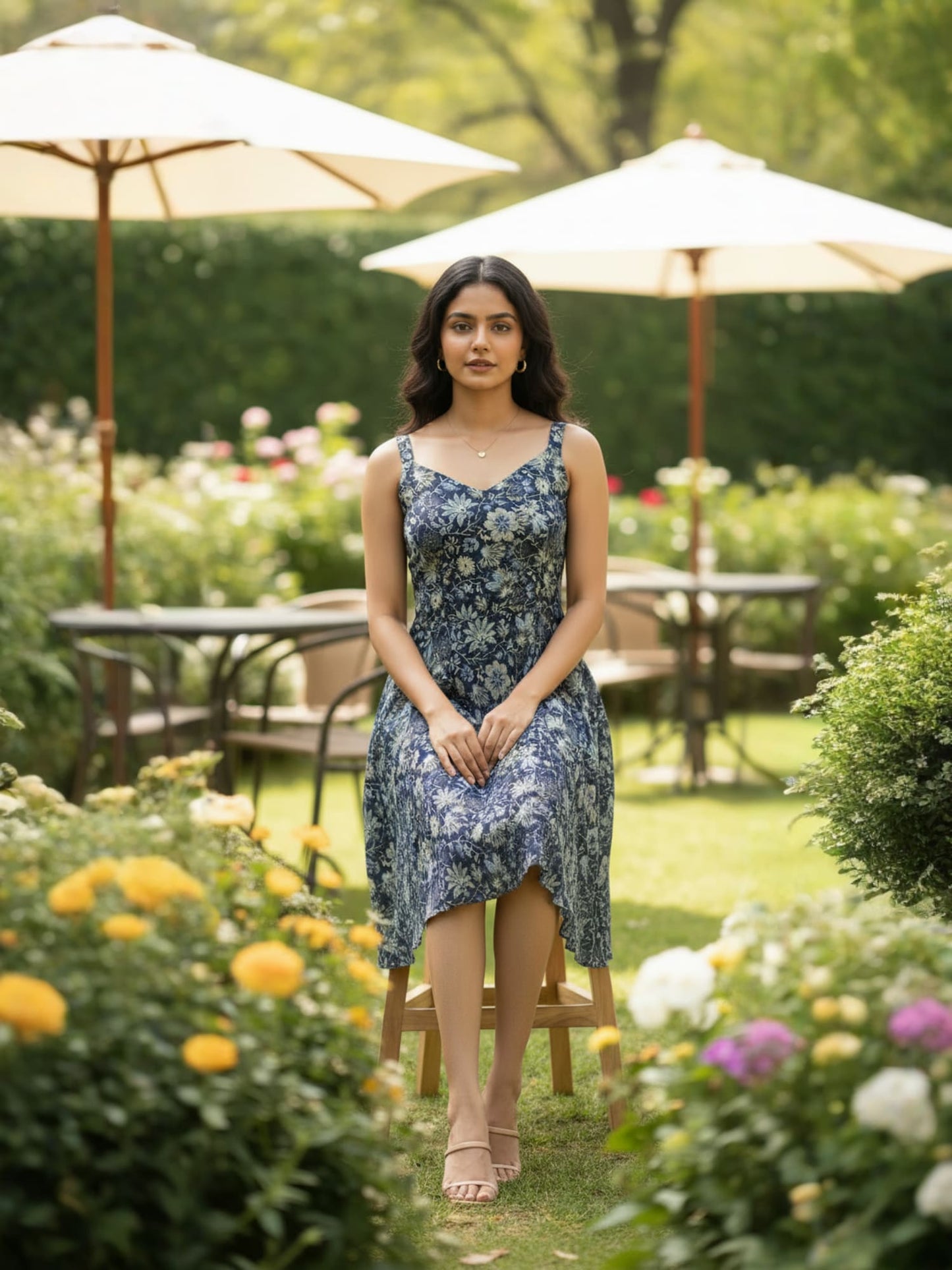Navy Blue Floral Printed Strappy Short Dress