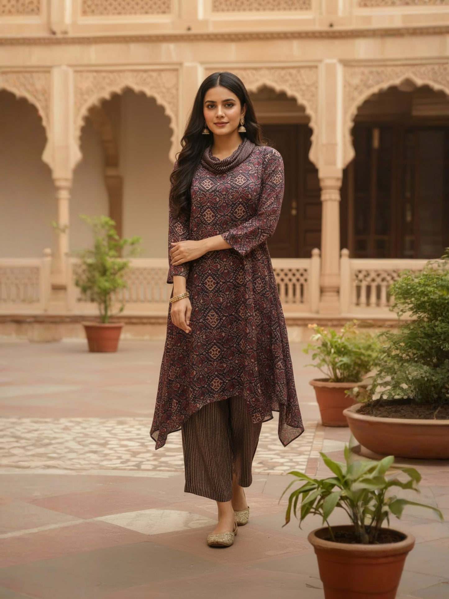 Brown Cowl Neck Printed Co-ord Set