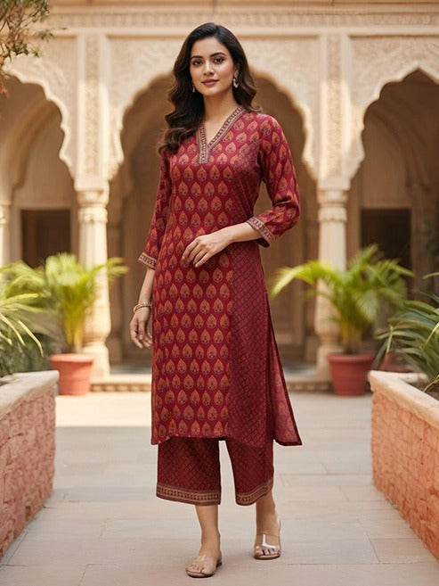 Maroon Handblock Printed Modal Kurta Set