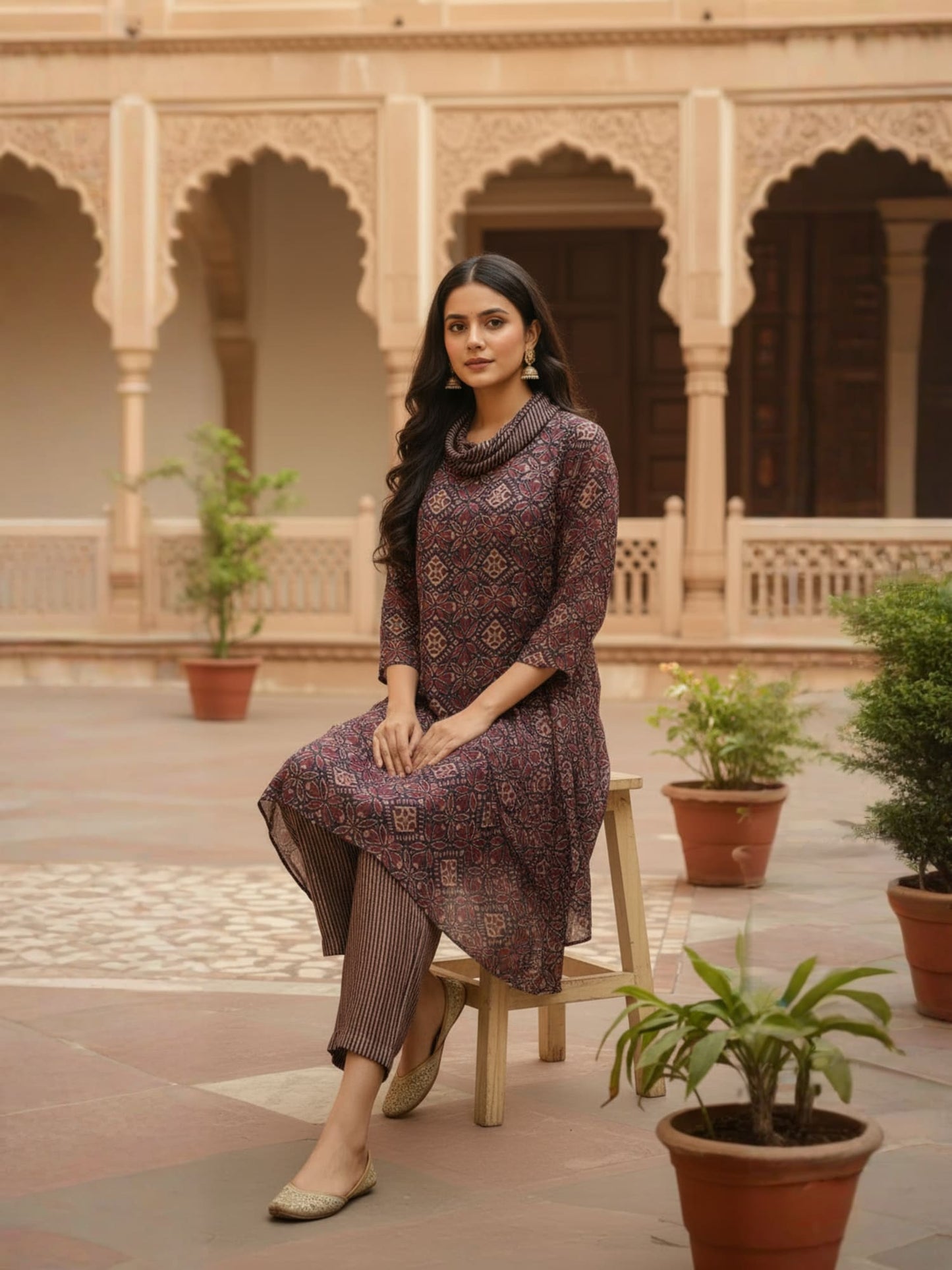 Brown Cowl Neck Printed Co-ord Set