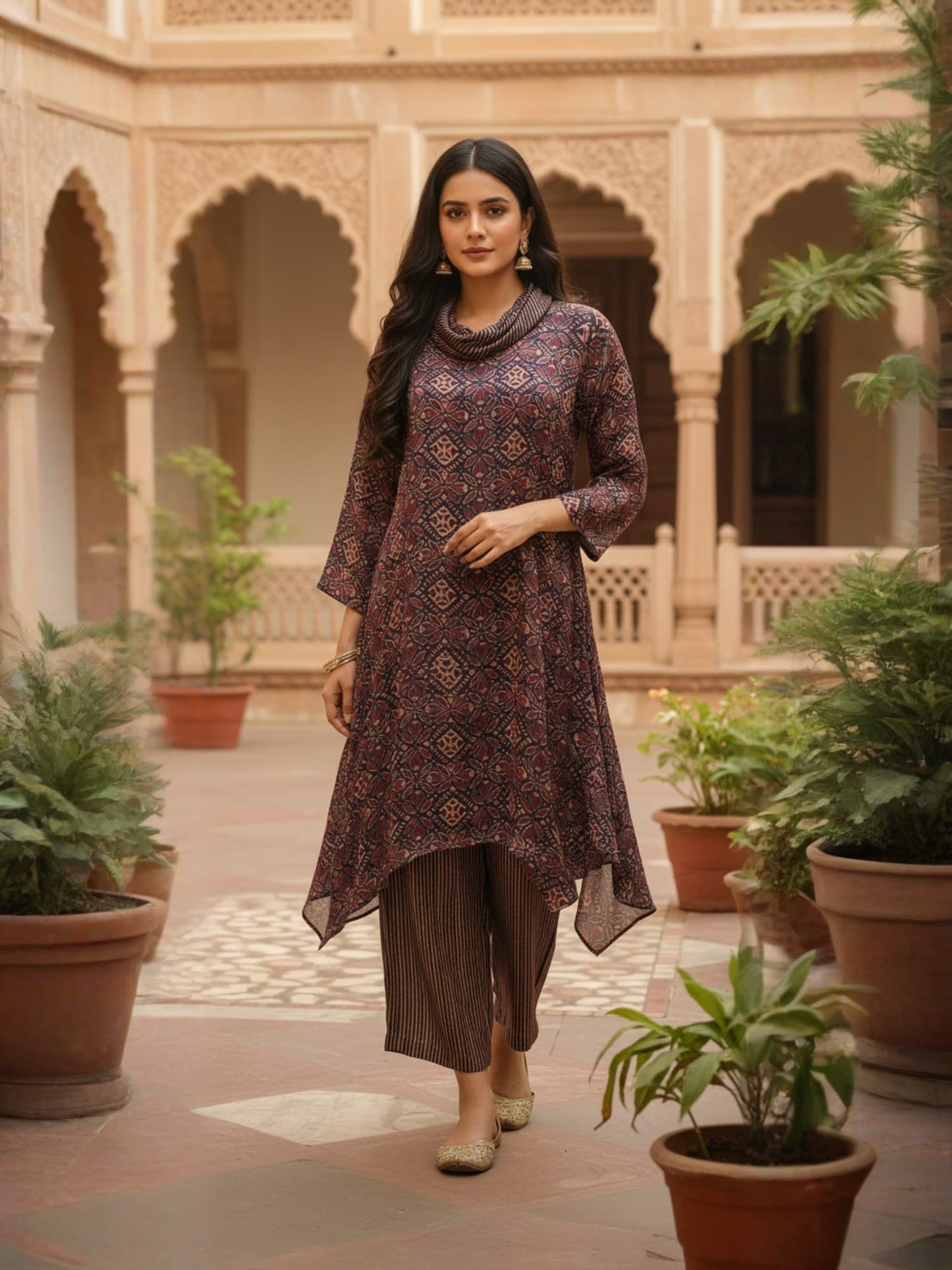 Brown Cowl Neck Printed Co-ord Set