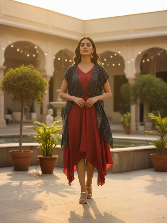 Red Drape Dress With Green Printed Cape