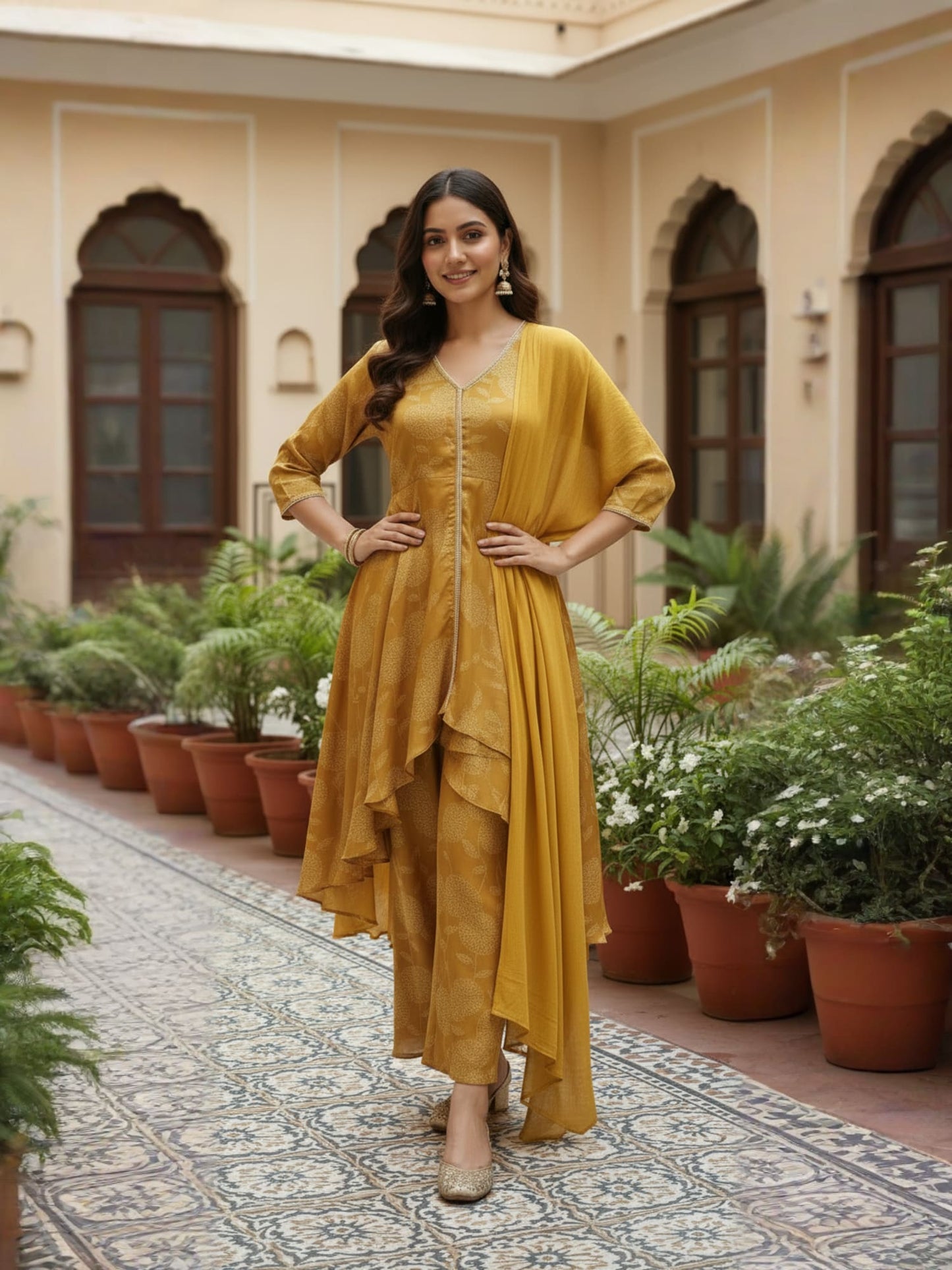 Yellow Asymmetric Kurta Set With Flared Palazzo And Chiffon Dupatta