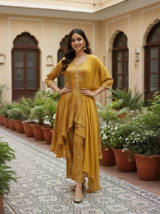 Yellow Asymmetric Kurta Set With Flared Palazzo And Chiffon Dupatta