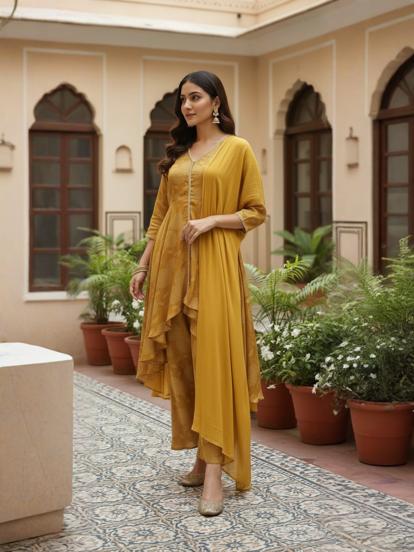 Yellow Asymmetric Kurta Set With Flared Palazzo And Chiffon Dupatta