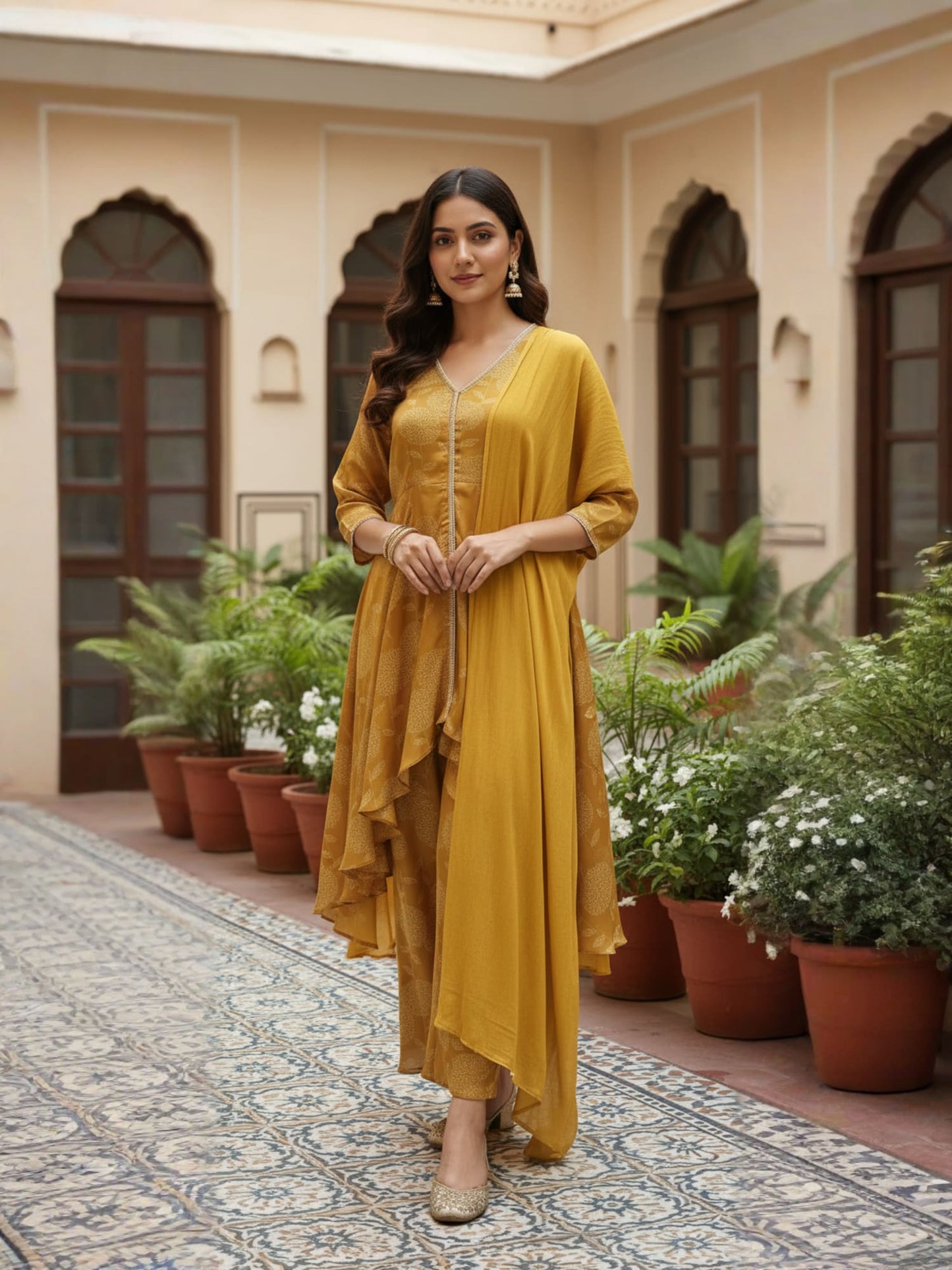 Yellow Asymmetric Kurta Set With Flared Palazzo And Chiffon Dupatta