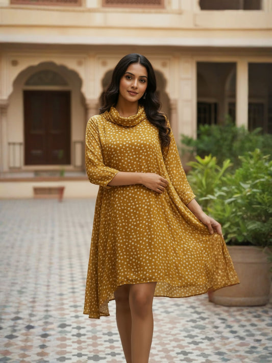 Yellow Polka Dot Cowl Neck Dress