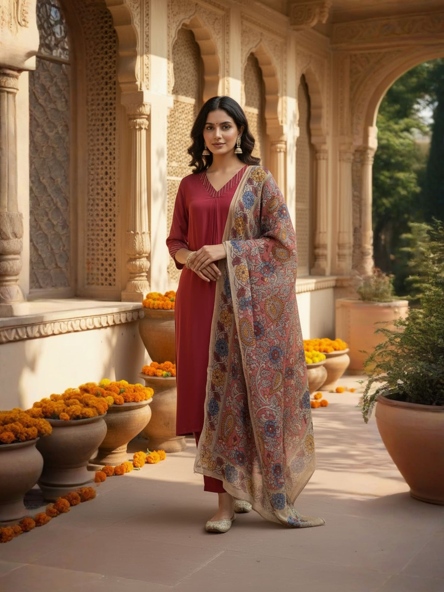 Crimson Red Cotton Kurta Set With Printed Dupatta