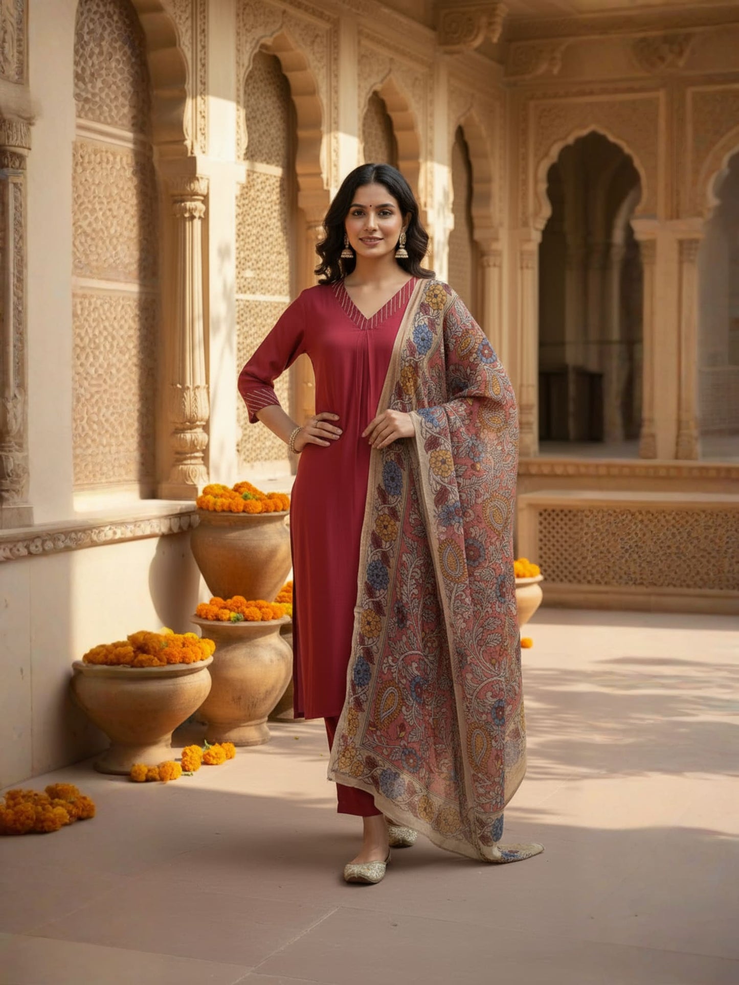 Crimson Red Cotton Kurta Set With Printed Dupatta