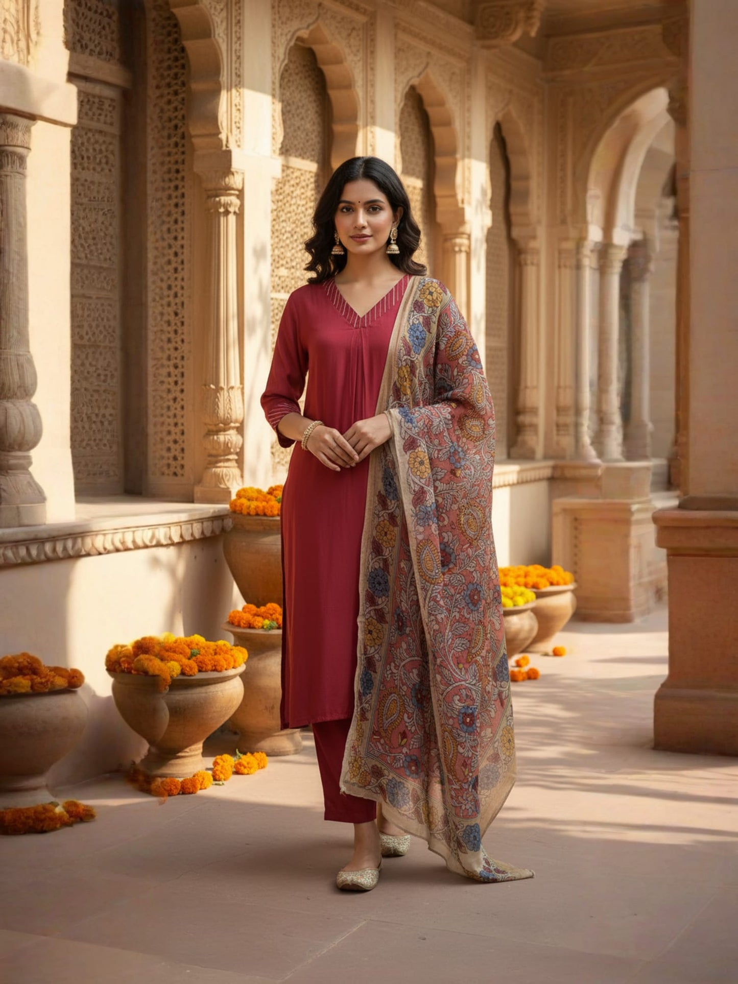 Crimson Red Cotton Kurta Set With Printed Dupatta