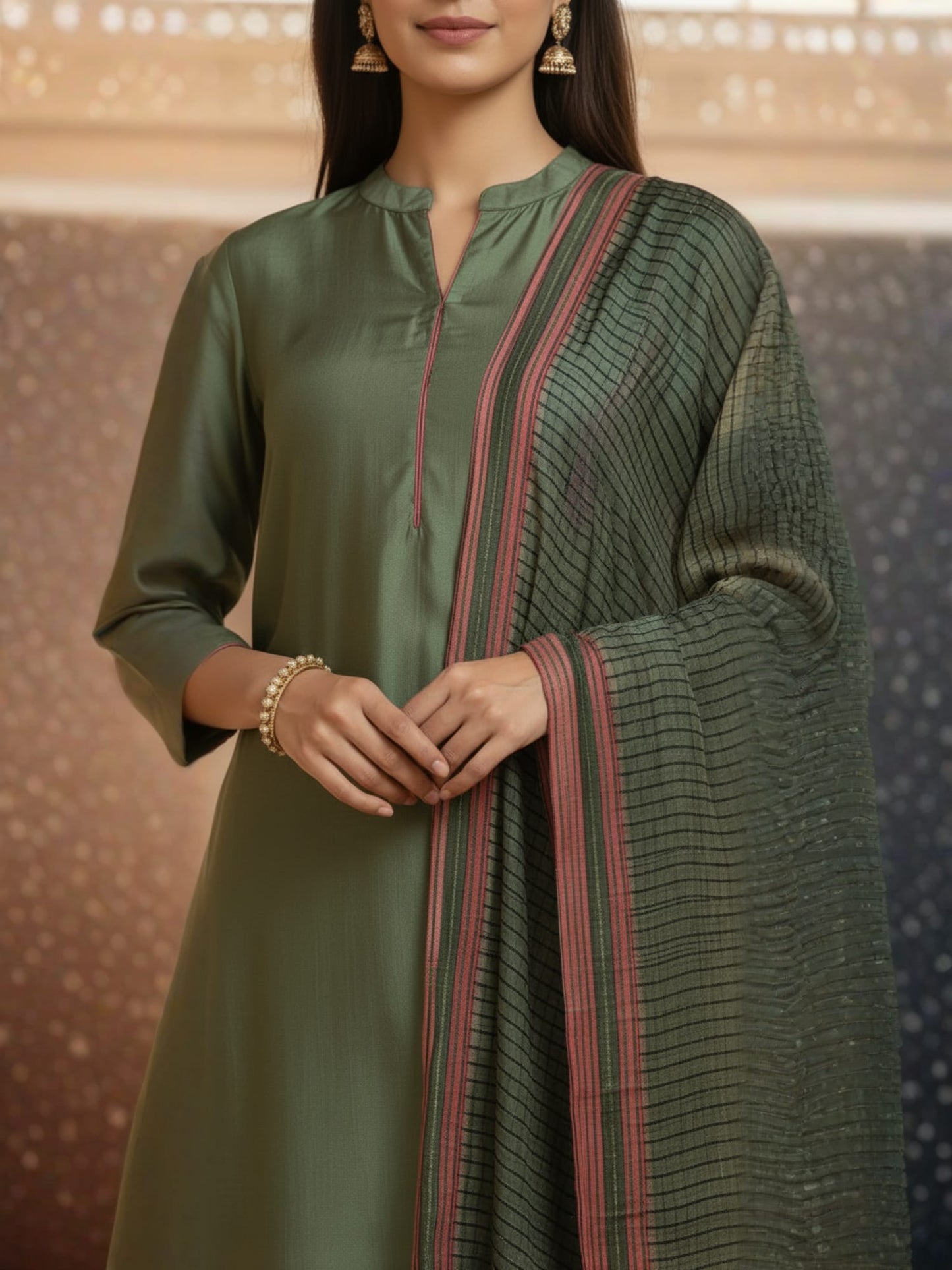 Olive Green Straight Kurta Set With Pants & Dupatta