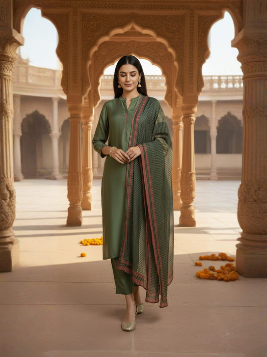 Olive Green Straight Kurta Set With Pants & Dupatta