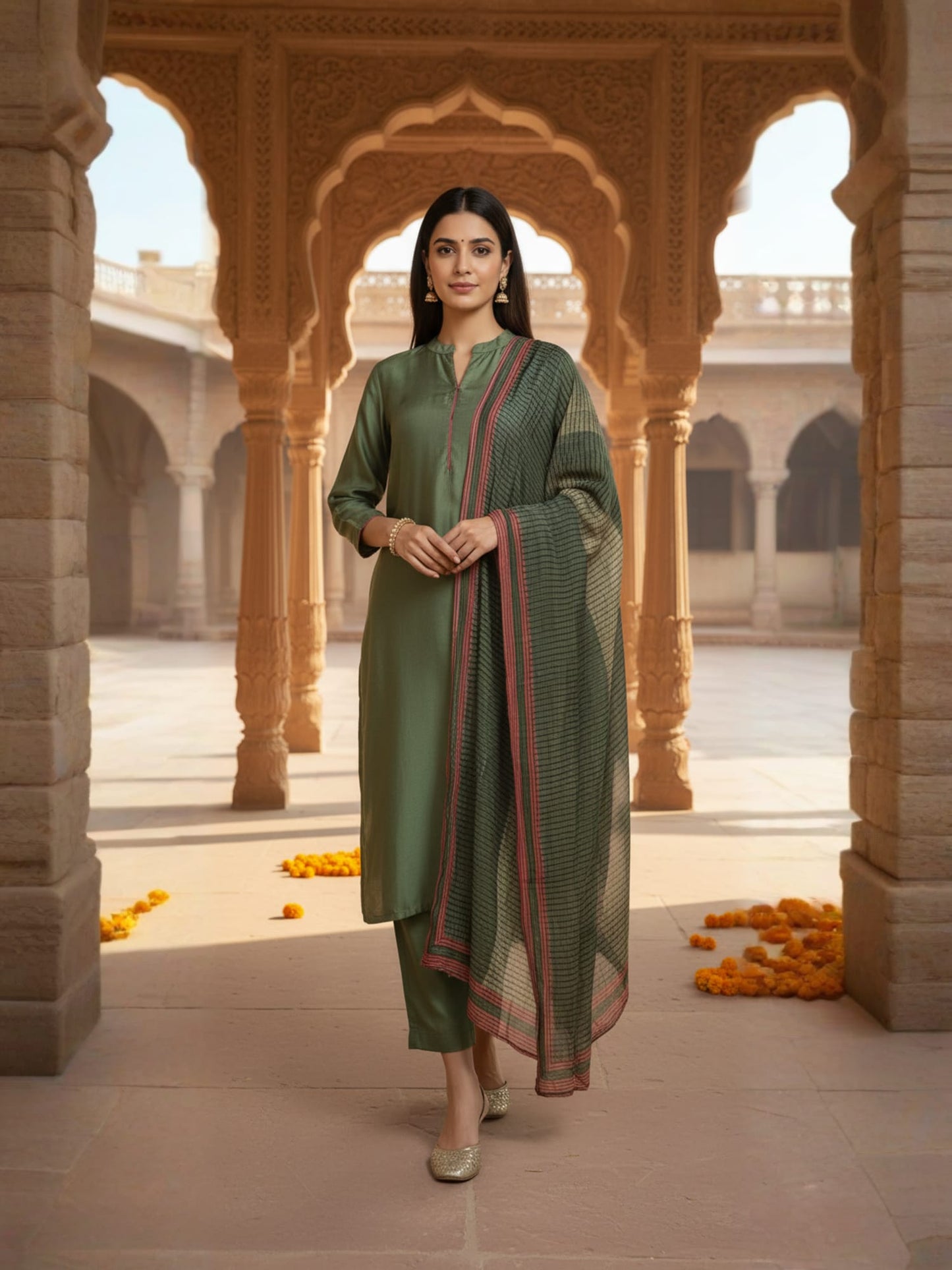 Olive Green Straight Kurta Set With Pants & Dupatta