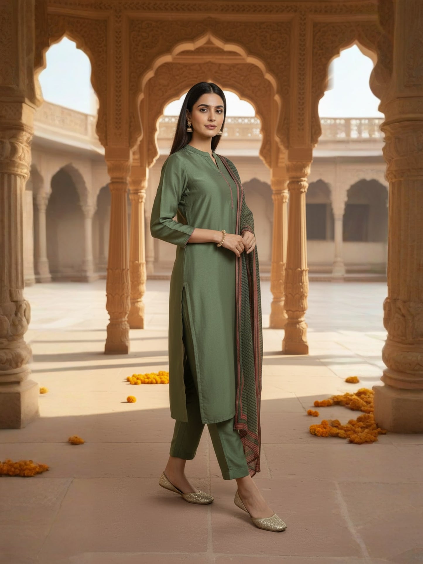Olive Green Straight Kurta Set With Pants & Dupatta