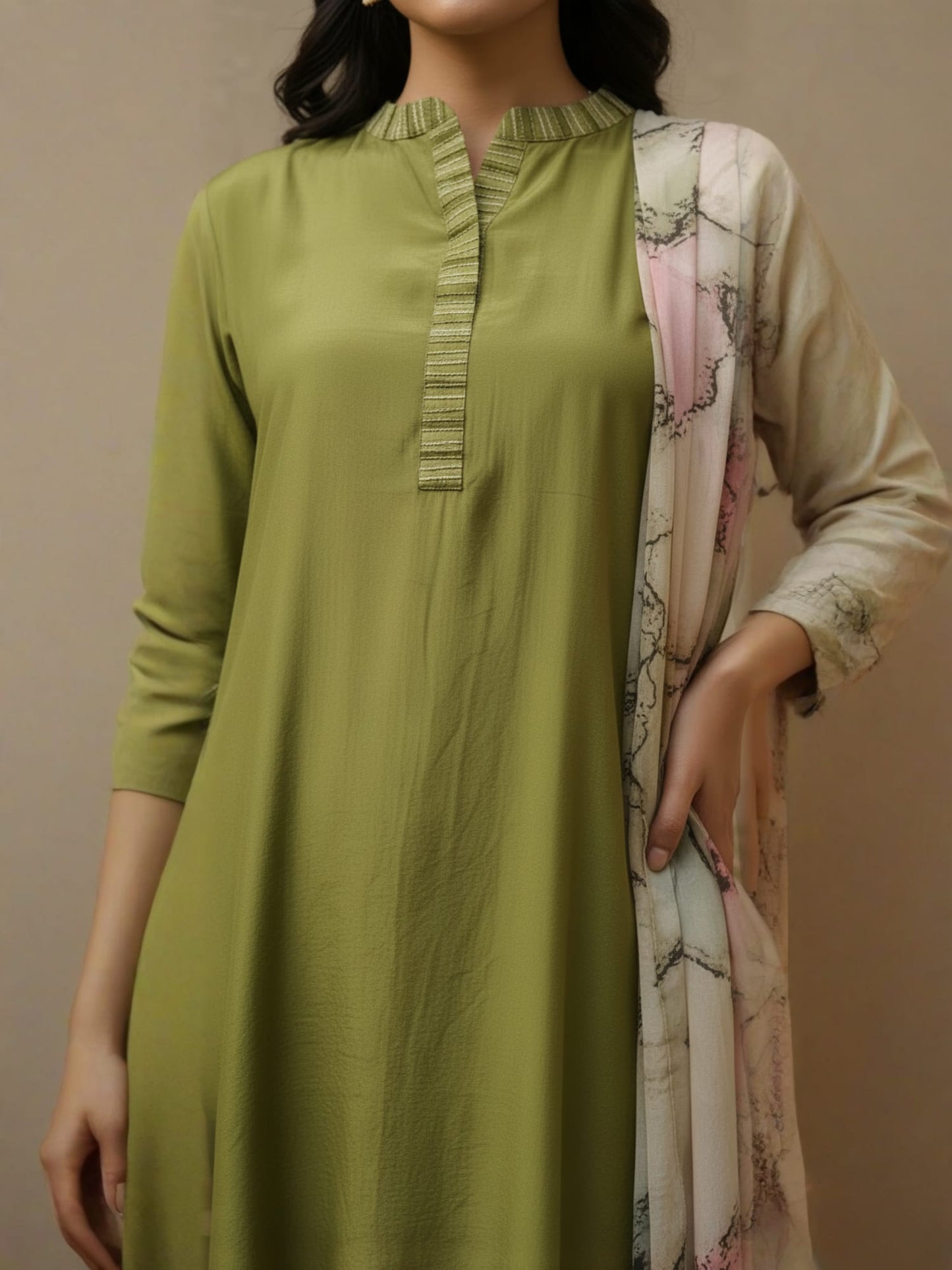 Olive Green Straight Kurta Set With Flared Pants & Printed Dupatta