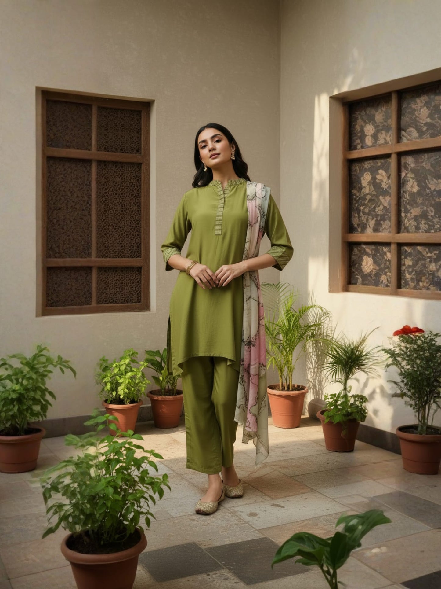 Olive Green Straight Kurta Set With Flared Pants & Printed Dupatta