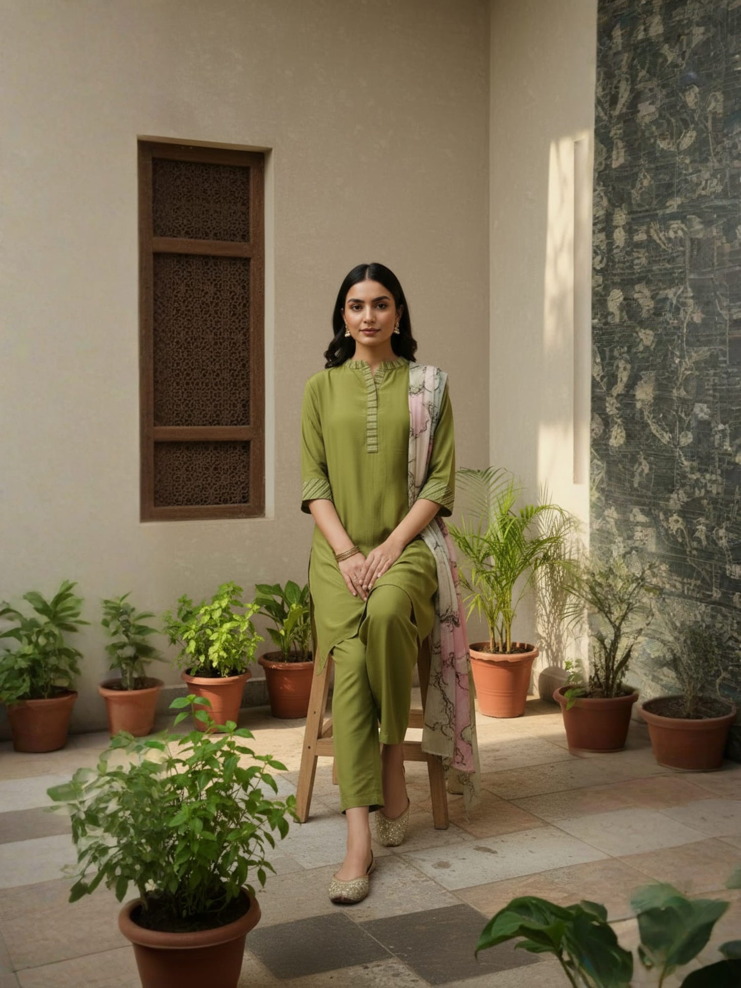 Olive Green Straight Kurta Set With Flared Pants & Printed Dupatta