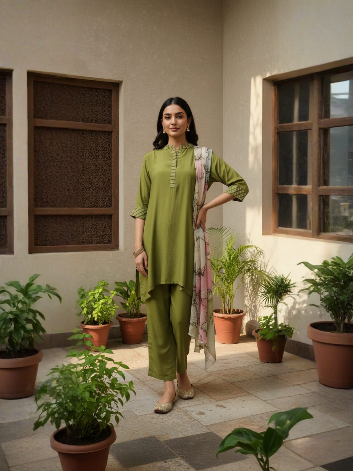 Olive Green Straight Kurta Set With Flared Pants & Printed Dupatta