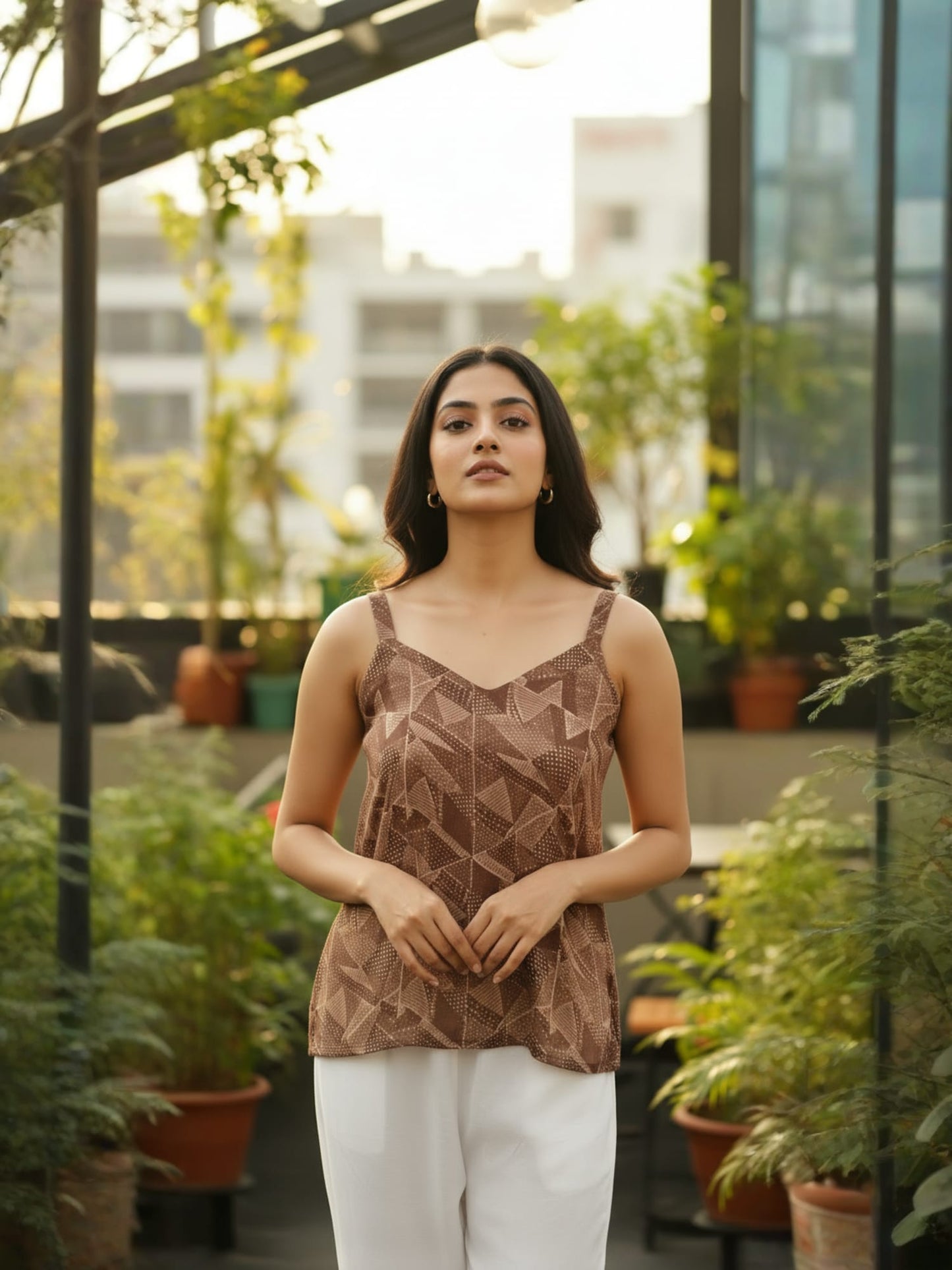 Abstract Geometric Brown Sleeveless Top