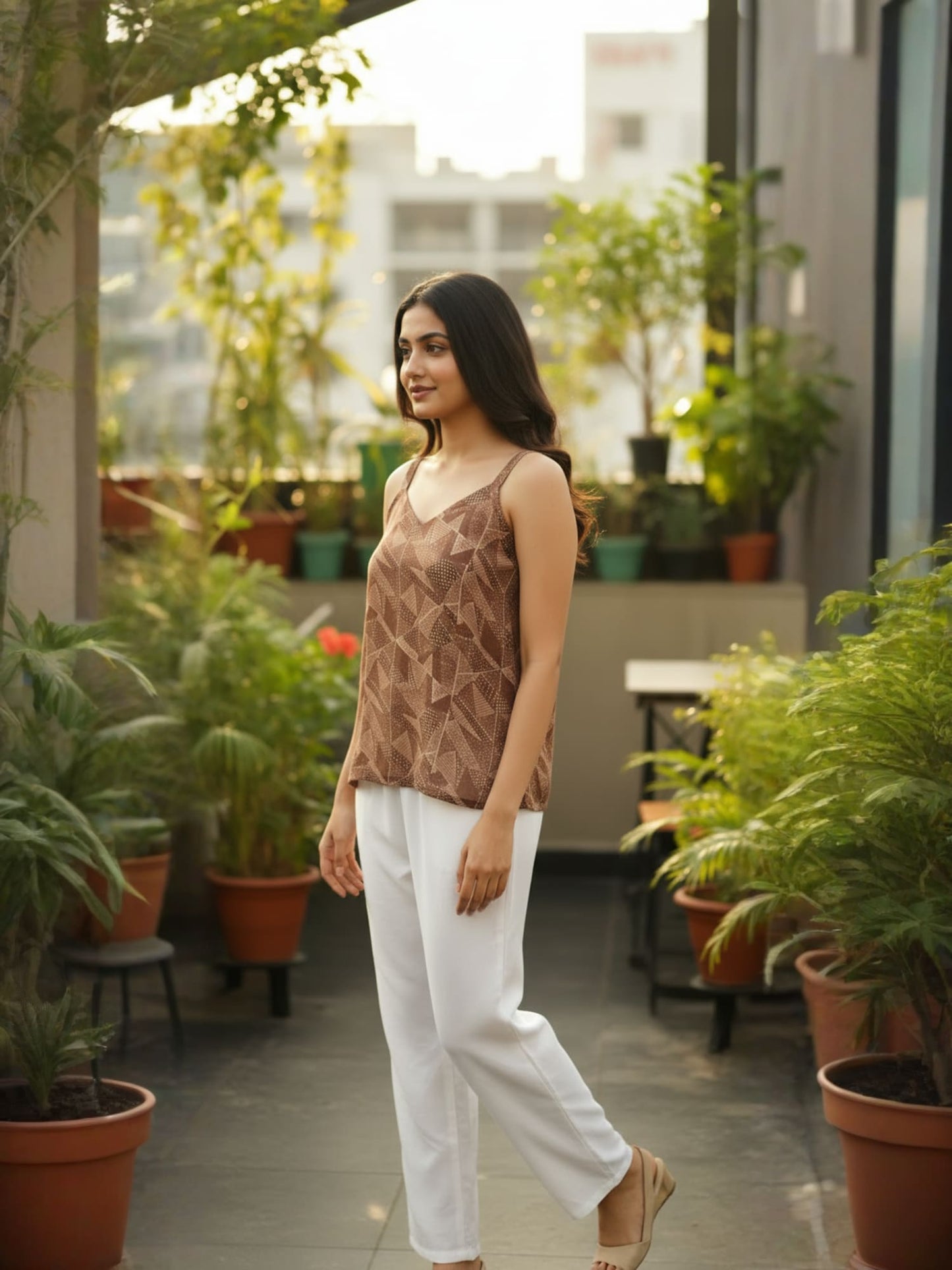 Abstract Geometric Brown Sleeveless Top