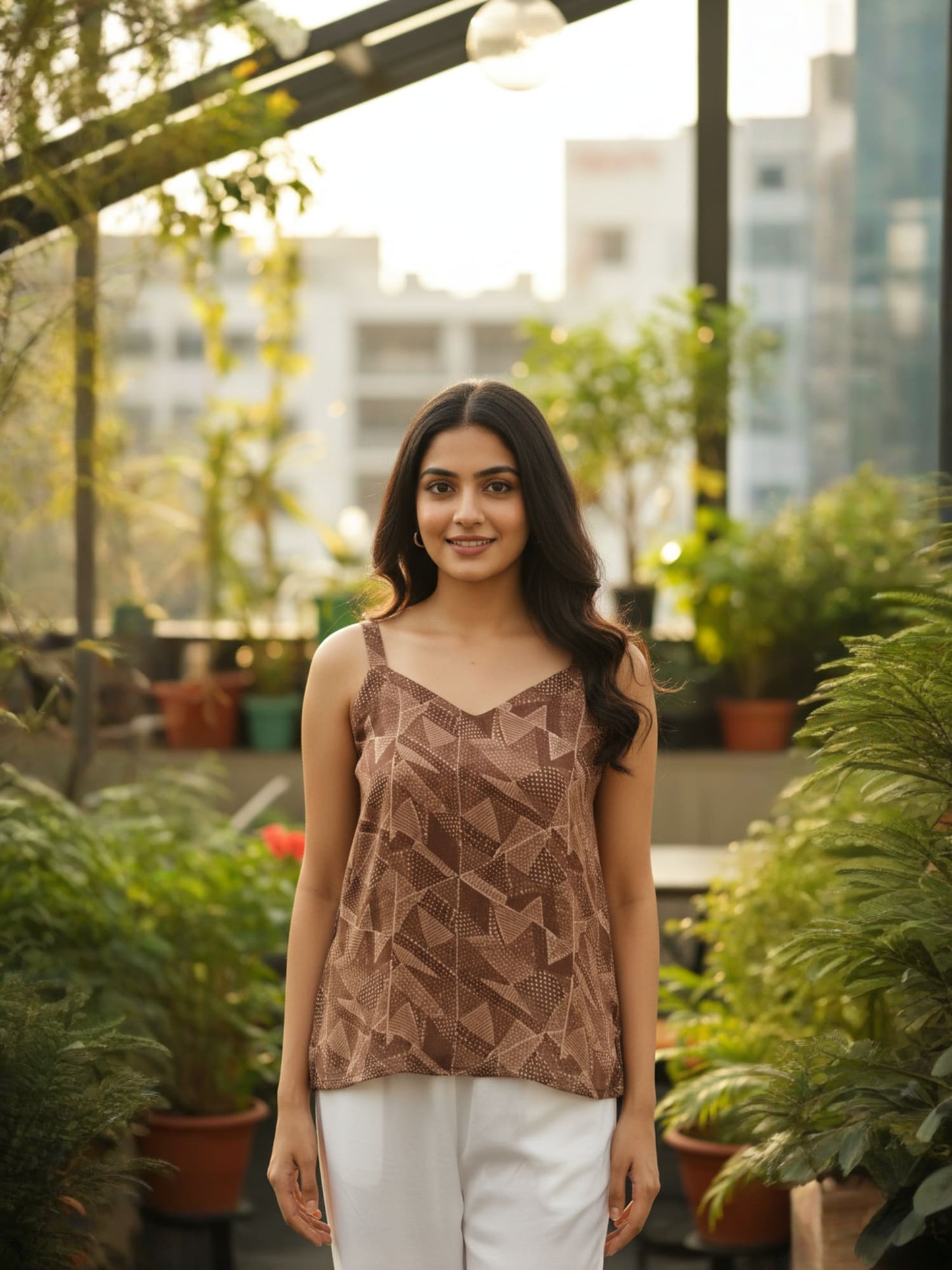 Abstract Geometric Brown Sleeveless Top