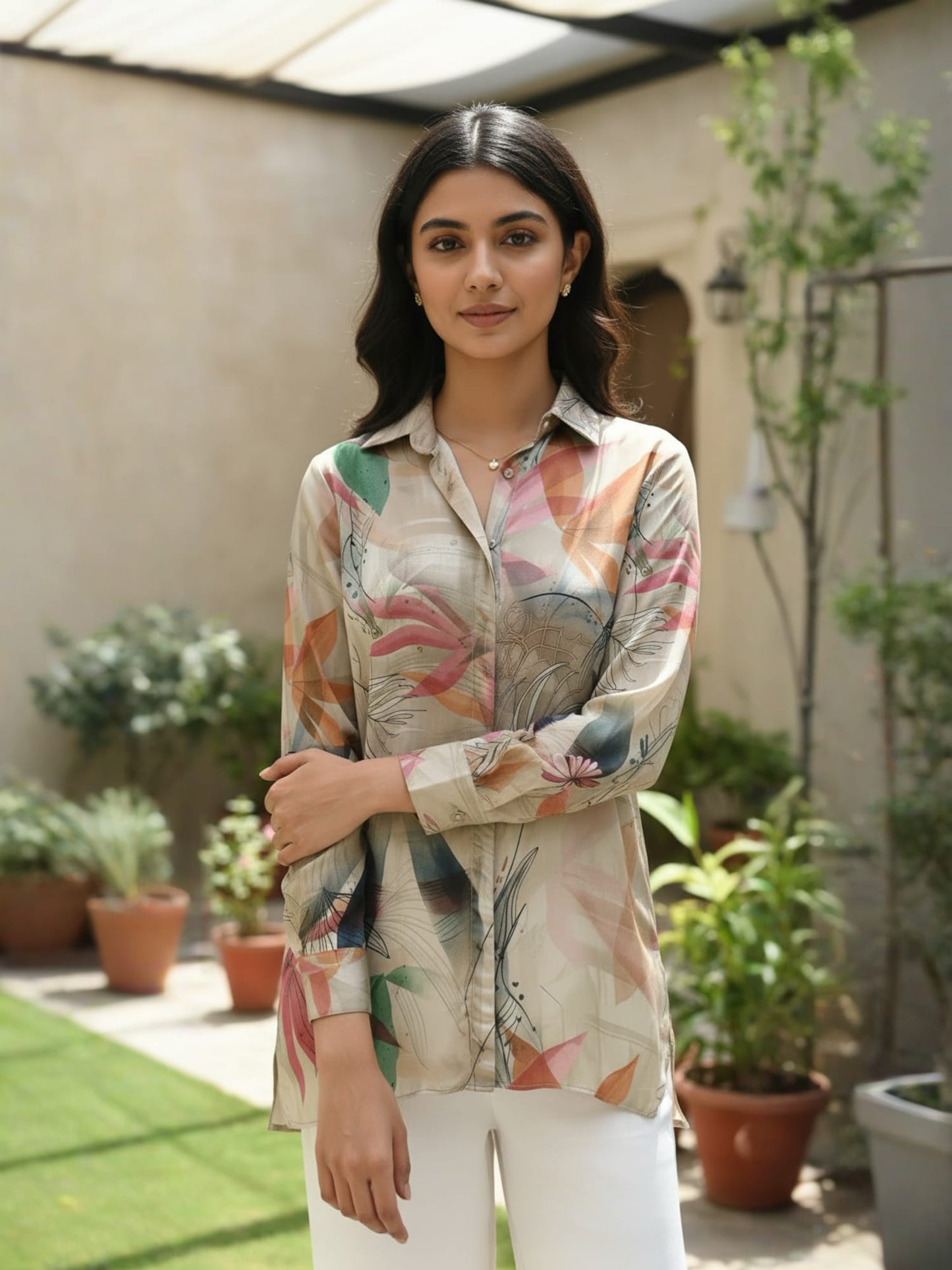 Ivory Printed High-low Shirt