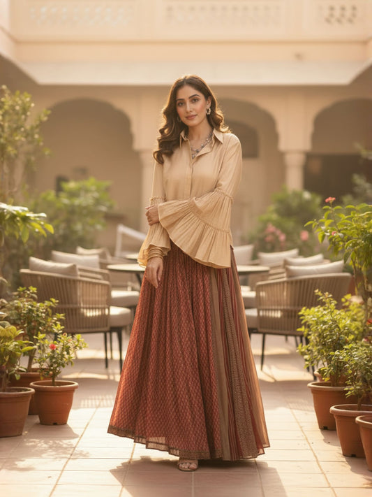 Rust & Brown Bandhani Print Flared Skirt