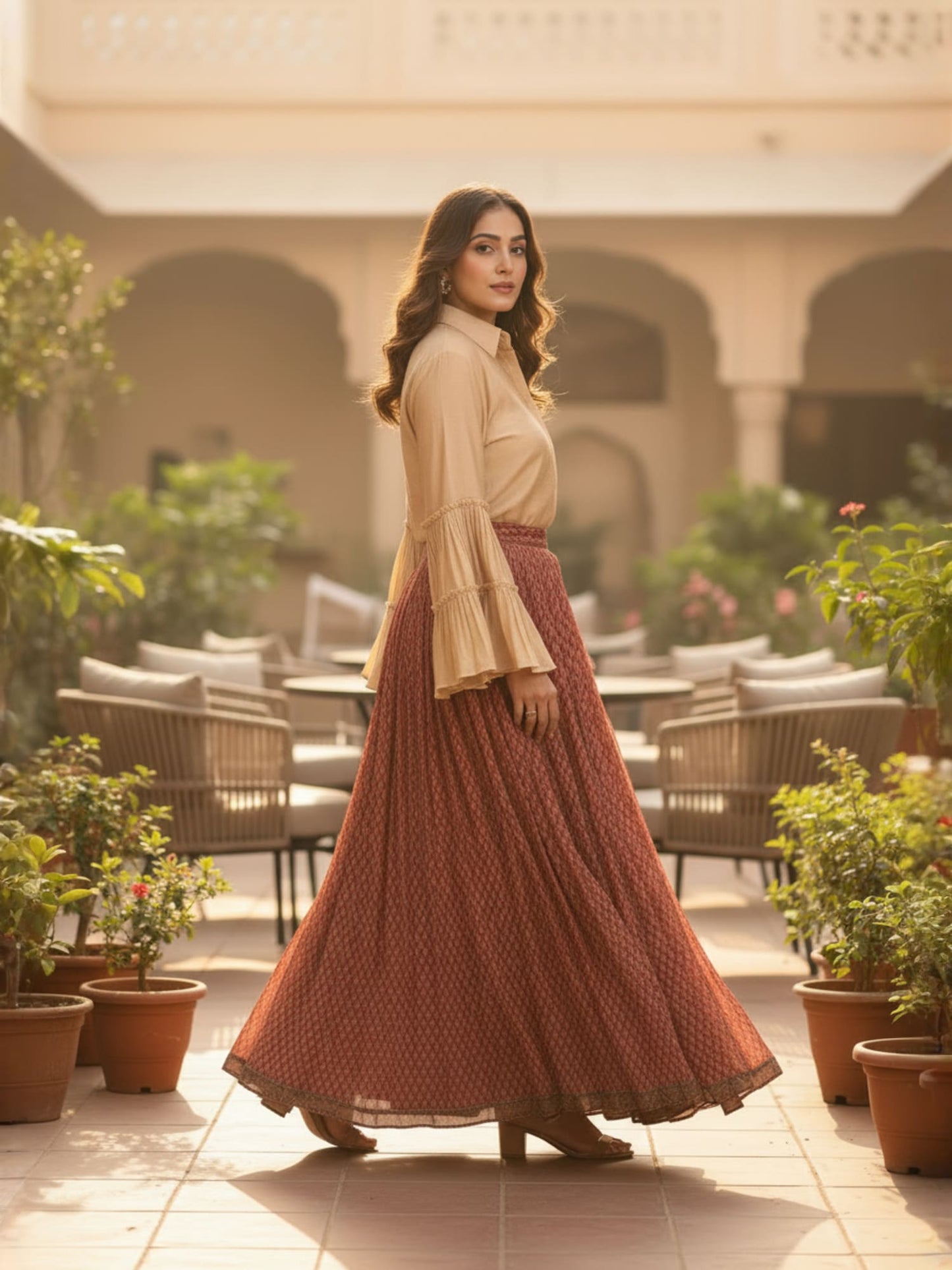 Rust & Brown Bandhani Print Flared Skirt