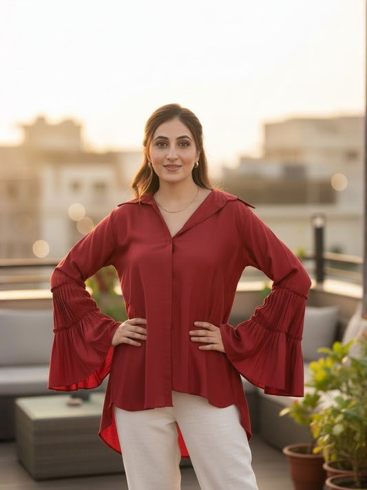 Red Shirt With Bell Flared Sleeves