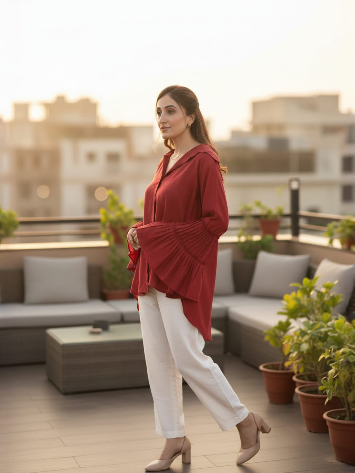 Red Shirt With Bell Flared Sleeves