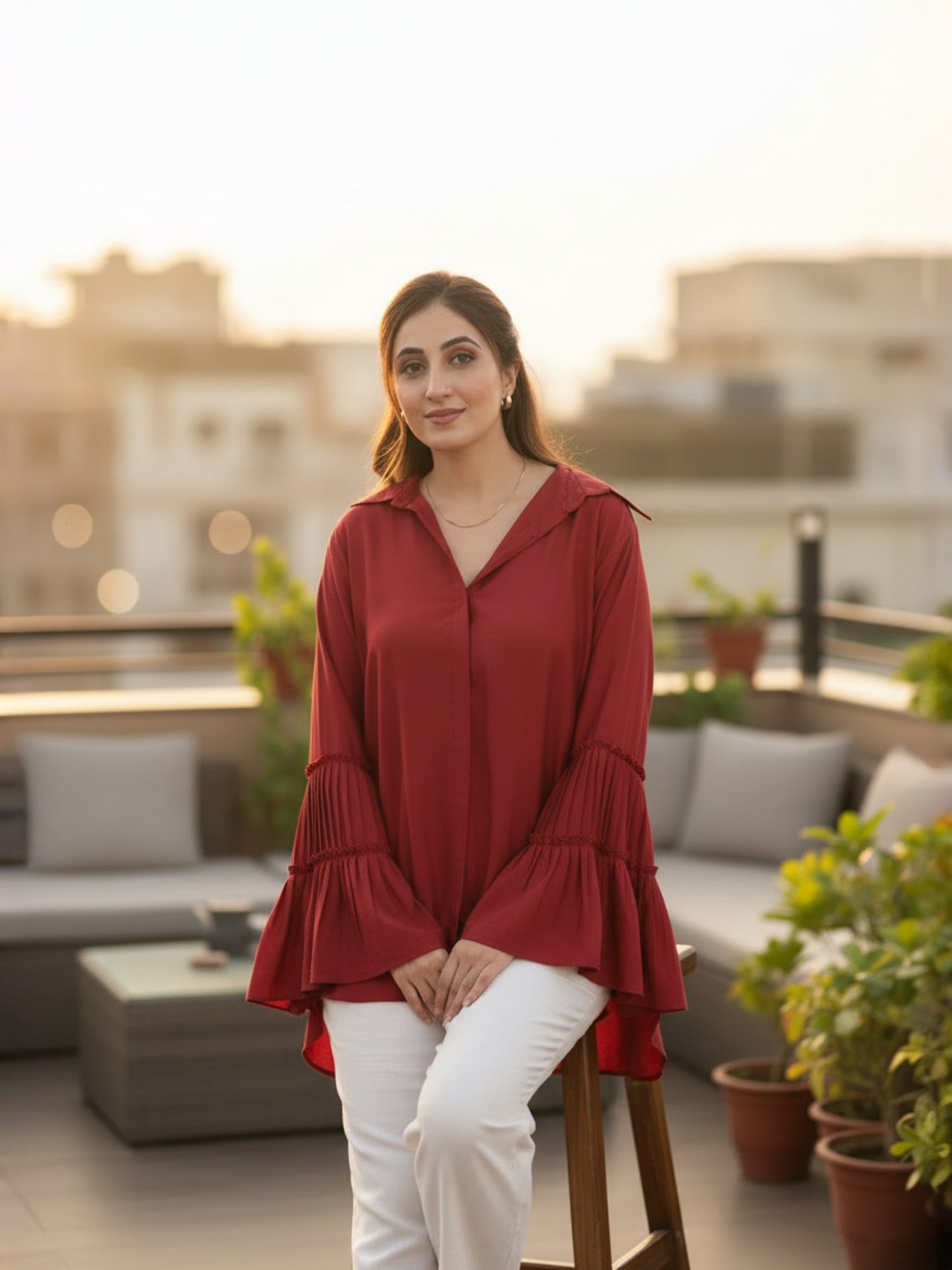 Red Shirt With Bell Flared Sleeves