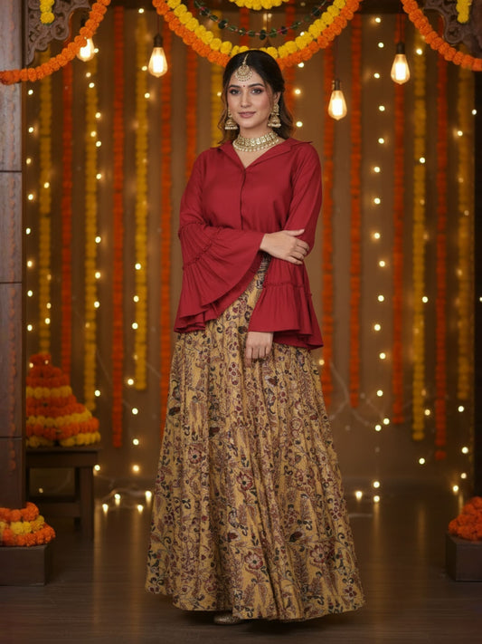 Yellow Floral Printed Flared Skirt