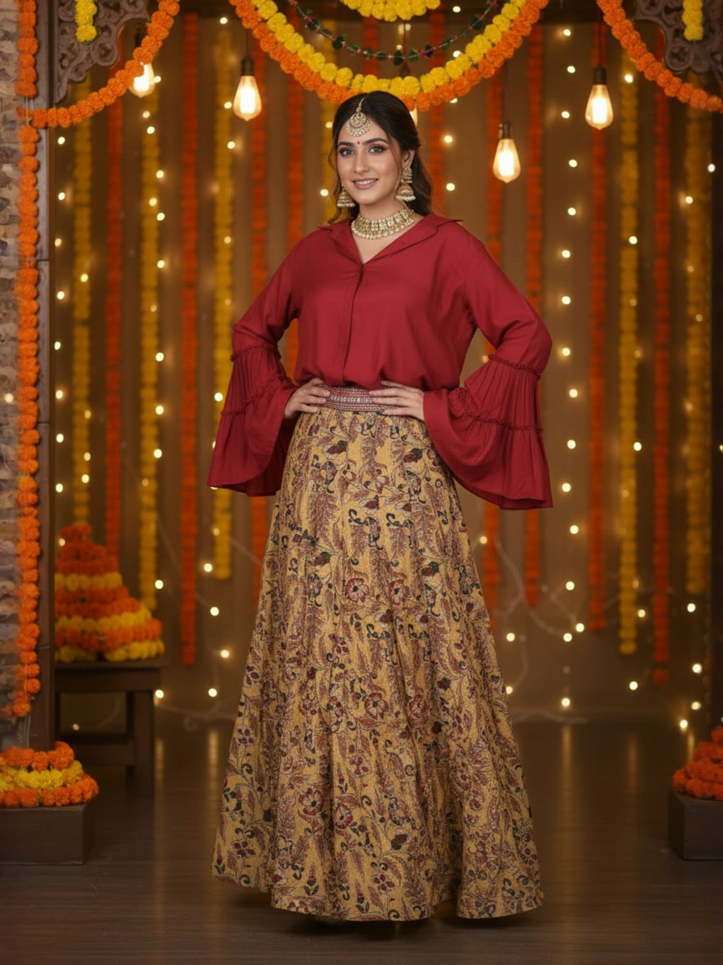 Yellow Floral Printed Flared Skirt