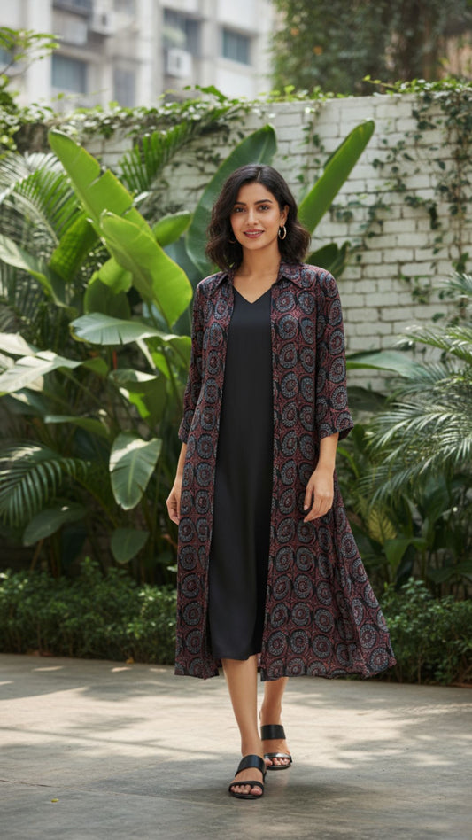 Black Modal Inner with Printed Long Jacket Set