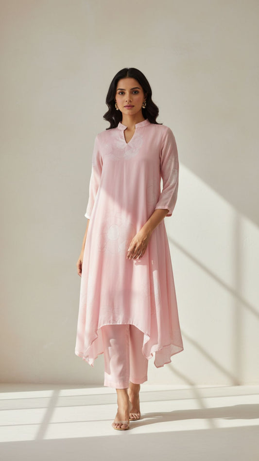 Blush Pink Asymmetric Muslin Kurta Set