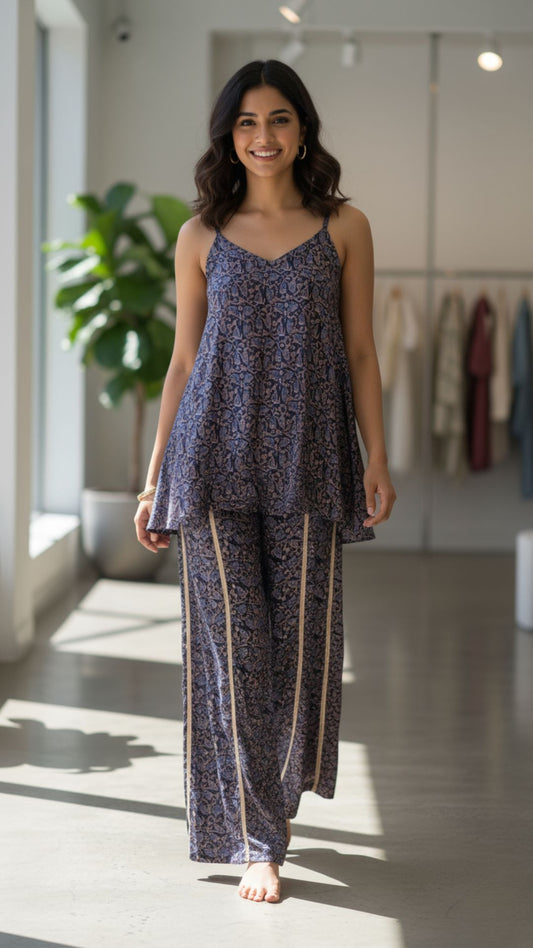Indigo Printed Modal Satin Co-ord Set
