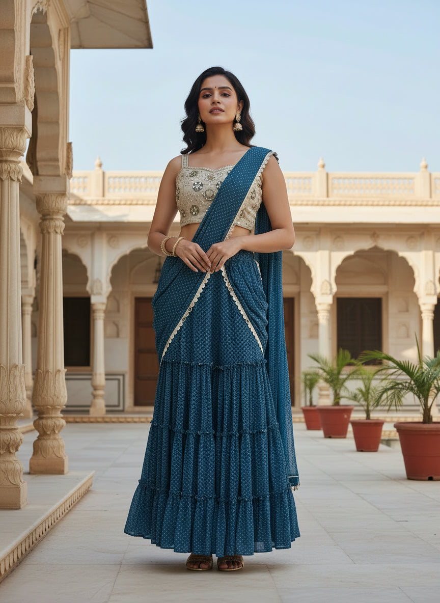 Blue Printed Chinon Chiffon Sharara Drape Saree Set